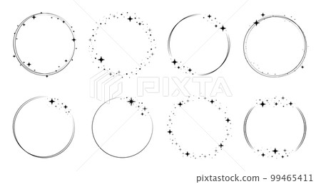 Sparkle star circle frame set. Wreath ring stardust border for party, birthday decor design. Laurel frame with cosmic glitter shine. Isolated black flat vector Sparkle star circle frame set. Wreath ring stardust border for party, birthday decor design. Laurel frame with cosmic glitter shine. Isolated black flat vector 99465411