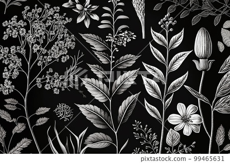 White and black graphic illustrated herbal background. Illustration Generative AI White and black graphic illustrated herbal background. Illustration Generative AI 99465631
