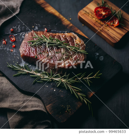 Beef steak with rosemary sprigs on a wooden board. black table. Illustration Generative AI Beef steak with rosemary sprigs on a wooden board. black table. Illustration Generative AI 99465633