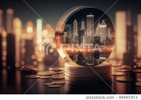 Financial investment concept, city night and stack of coins for finance background. Illustration AI Generative 99465953
