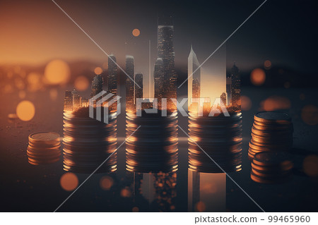 Financial investment concept, city night and stack of coins for finance background. Illustration AI Generative 99465960