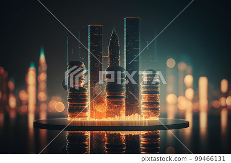 Financial investment concept, city night and stack of coins for finance background. Illustration AI Generative Financial investment concept, city night and stack of coins for finance background. Illustration AI Generative 99466131