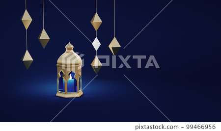 Ramadan lanterns hanging on blue background. Festive greeting card 3D rendering 99466956