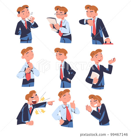 Businessman showing various emotions and gesturing set cartoon vector illustration 99467146