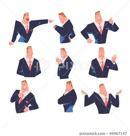 Boss showing various emotions and gesturing set. Strong muscular businessman character in blue suit cartoon vector illustration Boss showing various emotions and gesturing set. Strong muscular businessman character in blue suit cartoon vector illustration 99467147