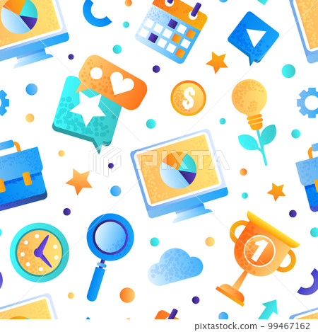 Business seamless pattern. Business, finance and marketing objects repeating print for banner, poster, wallpaper design vector Business seamless pattern. Business, finance and marketing objects repeating print for banner, poster, wallpaper design vector 99467162