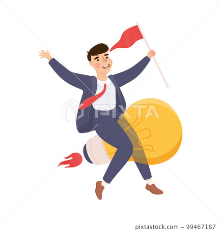 Businessman flying on light bulb. Business success, creative idea, innovation, start up concept cartoon vector illustration 99467187