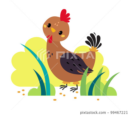 Cute hen pecking grain in grass. Poultry bird on nature cartoon vector illustration 99467221