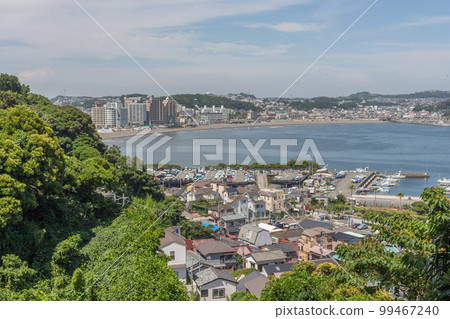 View from Enoshima island of Fujisawa and Sagami Bay, Kanagawa prefecture, Japan. 99467240