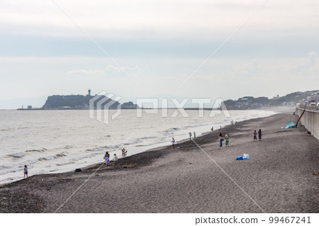 View of Enoshima island from Sagami Bay, Kanagawa prefecture, Japan. 99467241