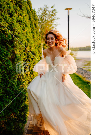 the runs walks through the garden at sunset. the runs walks through the garden at sunset. 99467347