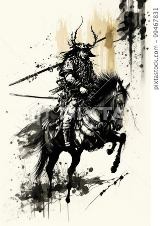 Samurai riding a horse in ink painting Samurai riding a horse in ink painting 99467831