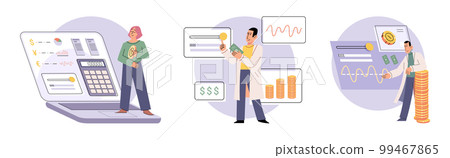 Financial consultant with documents for tax calculation. Preparing financial tax report Financial consultant with documents for tax calculation. Preparing financial tax report 99467865