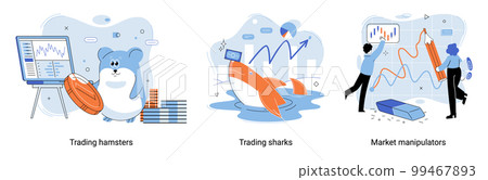 Stock market manipulation. Characters analyzing stock market data to control financial graphic chart 99467893