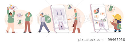 Hacker activity big set. Hacking computer. Phishing account, cyber attack on personal data 99467938