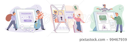 Hacker activity big set. Hacking computer. Phishing account, cyber attack on personal data Hacker activity big set. Hacking computer. Phishing account, cyber attack on personal data 99467939