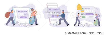 Hacker activity big set. Hacking computer. Phishing account, cyber attack on personal data 99467959