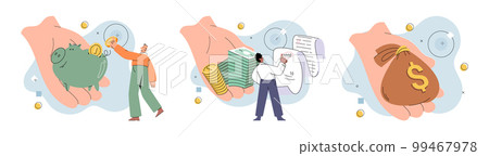 Person analyzes profit weighing earnings on scales, income, expenses money. Business profit increase 99467978