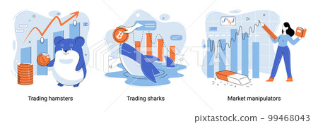 Stock market manipulation. Characters analyzing stock market data to control financial graphic chart Stock market manipulation. Characters analyzing stock market data to control financial graphic chart 99468043