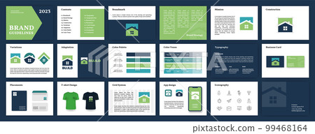 Blue and Green Brand Guidelines template. Brand Identity presentation. Logo Guideline template. Logo Guide Book. Logotype presentation 99468164