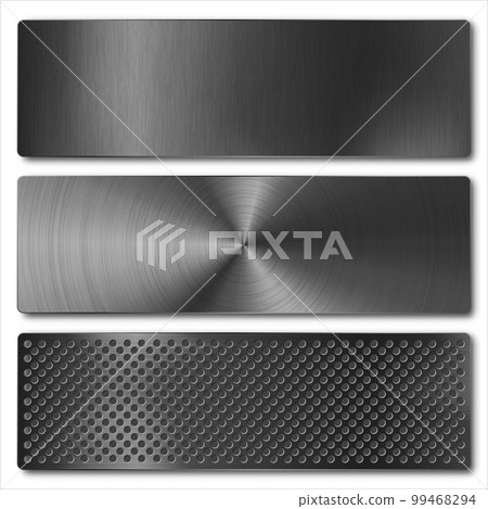 Various realistic black metal banners collection. Brushed steel or aluminium plate, panel with screws. Polished metal surface. Old grunge texture with scratches. Vector illustration 99468294