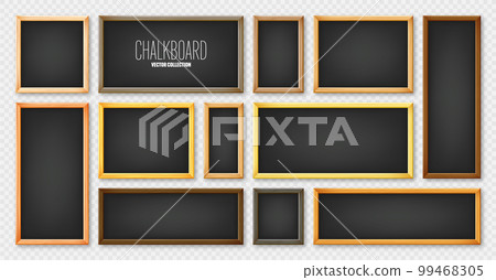 Realistic various chalkboards in a wooden frame. Black restaurant menu board. School blackboard, writing surface for text or drawing. Blank advertising or presentation boards. Vector illustration Realistic various chalkboards in a wooden frame. Black restaurant menu board. School blackboard, writing surface for text or drawing. Blank advertising or presentation boards. Vector illustration 99468305