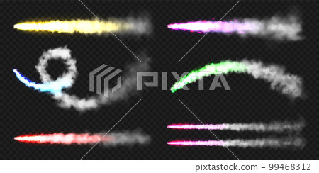 Realistic colorful space rocket trails. Festive fireworks launch. Fire burst, explosion. Missile or bullet trail. Jet aircraft tracks. Smoke clouds, fog. Steam flow. Vector illustration Realistic colorful space rocket trails. Festive fireworks launch. Fire burst, explosion. Missile or bullet trail. Jet aircraft tracks. Smoke clouds, fog. Steam flow. Vector illustration 99468312