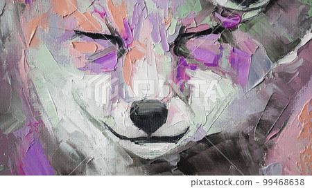 Oil fox portrait painting in multicolored tones. Conceptual abstract painting of a fennec muzzle. Closeup of a painting by oil and palette knife on canvas. Oil fox portrait painting in multicolored tones. Conceptual abstract painting of a fennec muzzle. Closeup of a painting by oil and palette knife on canvas. 99468638