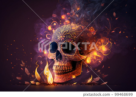 fiery mexican skull on purple background. ai generated 99468699