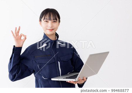 A woman in work clothes giving OK A woman in work clothes giving OK 99468877