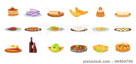 French food icons set cartoon vector. Cafe meal. Restaurant breakfast 99469799
