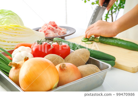 用很多蔬菜做飯的女人 99470986