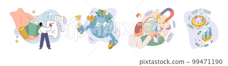 Financial audit concept. Character calculates and fills taxes from, analyzes public finances Financial audit concept. Character calculates and fills taxes from, analyzes public finances 99471190