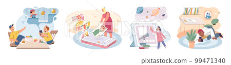 Children at home with phones and tablets set. Kids remote education, toddlers use smart technologies 99471340