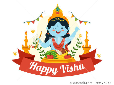 Happy Vishu Festival Illustration with Traditional Kerala Kani, Fruits and Vegetables for Landing Page in Flat Cartoon Hand Drawn Templates 99473238