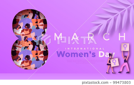 International women day 8 march purple cutout diverse people card 99473803