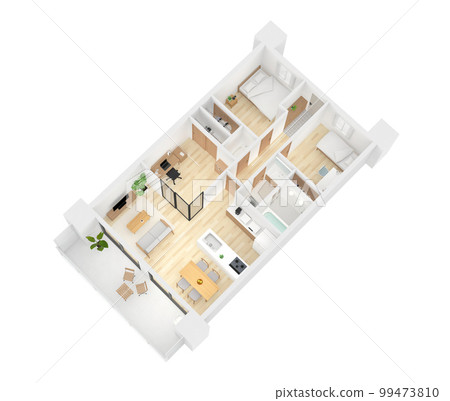 A bird's-eye view of the floor plan of an apartment from an angle 99473810