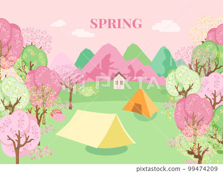 Spring landscape mountains and cherry trees Spring landscape mountains and cherry trees 99474209