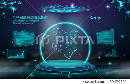 kenya map light connecting effect background. abstract digital technology UI, GUI, futuristic HUD Virtual Interface with kenya map. Stage futuristic podium in fog. kenya map light connecting effect background. abstract digital technology UI, GUI, futuristic HUD Virtual Interface with kenya map. Stage futuristic podium in fog. 99474531