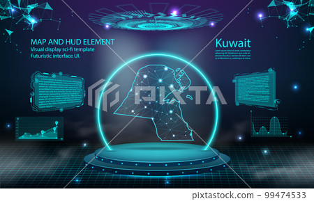 kuwait map light connecting effect background. abstract digital technology UI, GUI, futuristic HUD Virtual Interface with kuwait map. Stage futuristic podium in fog. kuwait map light connecting effect background. abstract digital technology UI, GUI, futuristic HUD Virtual Interface with kuwait map. Stage futuristic podium in fog. 99474533
