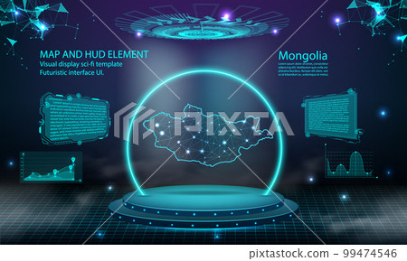 mongolia map light connecting effect background. abstract digital technology UI, GUI, futuristic HUD Virtual Interface with mongolia map. Stage futuristic podium in fog. 99474546