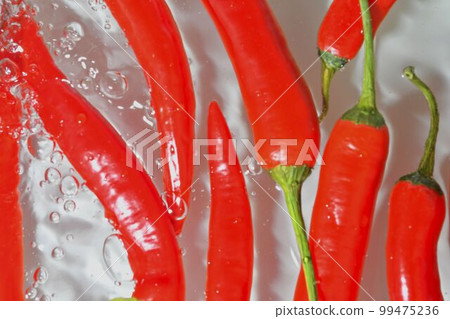 Red peppers in water on white background. Red chilli peppers close-up in liquid with bubbles. Red chilli peppers in water. Macro image of vegetable in water. Red peppers in water on white background. Red chilli peppers close-up in liquid with bubbles. Red chilli peppers in water. Macro image of vegetable in water. 99475236