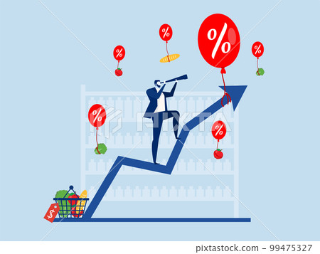 goods Inflation, businessman analysis with Rising food price crisis,Prices of commodities and consumer goods rose due to rising inflation concept. vector illustration 99475327