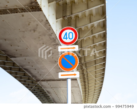 road sign. This sign (regulatory sign) "maximum speed" "no parking" and auxiliary sign "beginning". road sign. This sign (regulatory sign) "maximum speed" "no parking" and auxiliary sign "beginning". 99475949