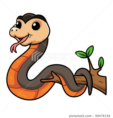 Cute golden crowned snake cartoon on tree branch Cute golden crowned snake cartoon on tree branch 99476148