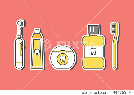 Good friend for tooth have toothbrush, electric toothbrush, toothpaste, floss and mouthwash (good for dental health care and hygiene) - teeth cartoon vector flat style Good friend for tooth have toothbrush, electric toothbrush, toothpaste, floss and mouthwash (good for dental health care and hygiene) - teeth cartoon vector flat style 99476509
