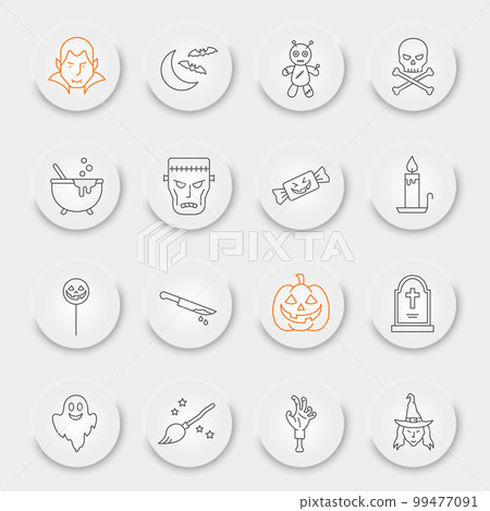 Halloween line icon set, spooky collection, vector graphics, neumorphic UI UX buttons, Halloween vector icons, horror signs, outline pictograms, editable stroke 99477091