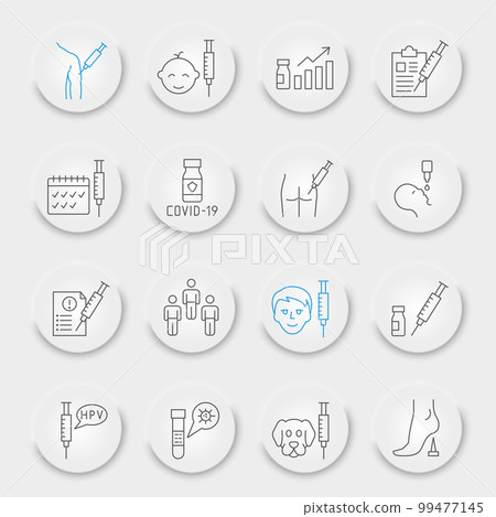 Vaccination line icon set, vaccine collection, vector graphics, neumorphic UI UX buttons, covid-19 vaccination vector icons, immunization signs, outline pictograms, editable stroke 99477145