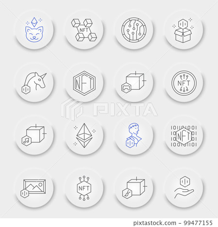 NFT line icon set, non fungible token collection, vector graphics, neumorphic UI UX buttons, NFT blockchain vector icons, cryptocurrency signs, outline pictograms, editable stroke NFT line icon set, non fungible token collection, vector graphics, neumorphic UI UX buttons, NFT blockchain vector icons, cryptocurrency signs, outline pictograms, editable stroke 99477155