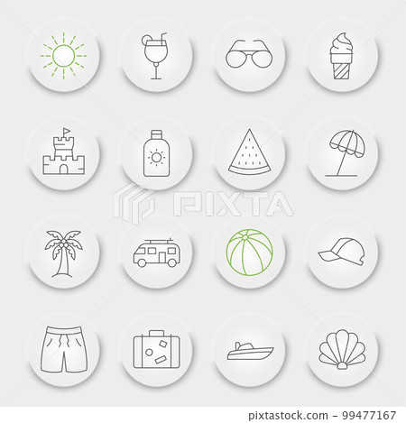 Summer line icon set, beach collection, vector graphics, neumorphic UI UX buttons, travel vector icons, summer signs, outline pictograms, editable stroke 99477167